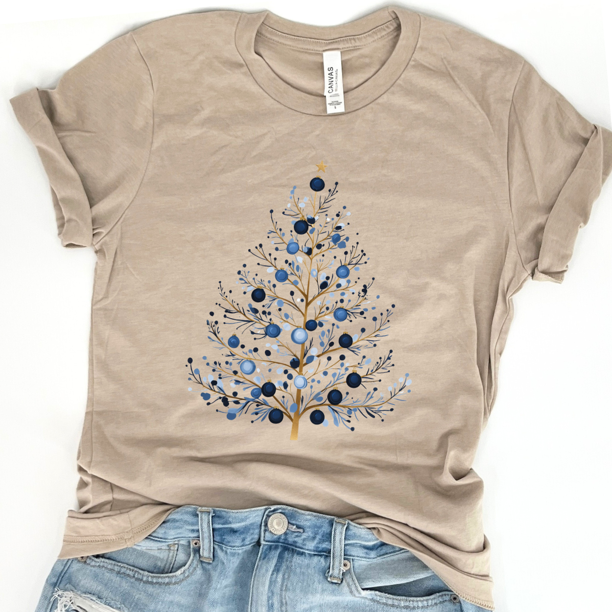 Blue whimsical Christmas tree women's graphic t-shirt