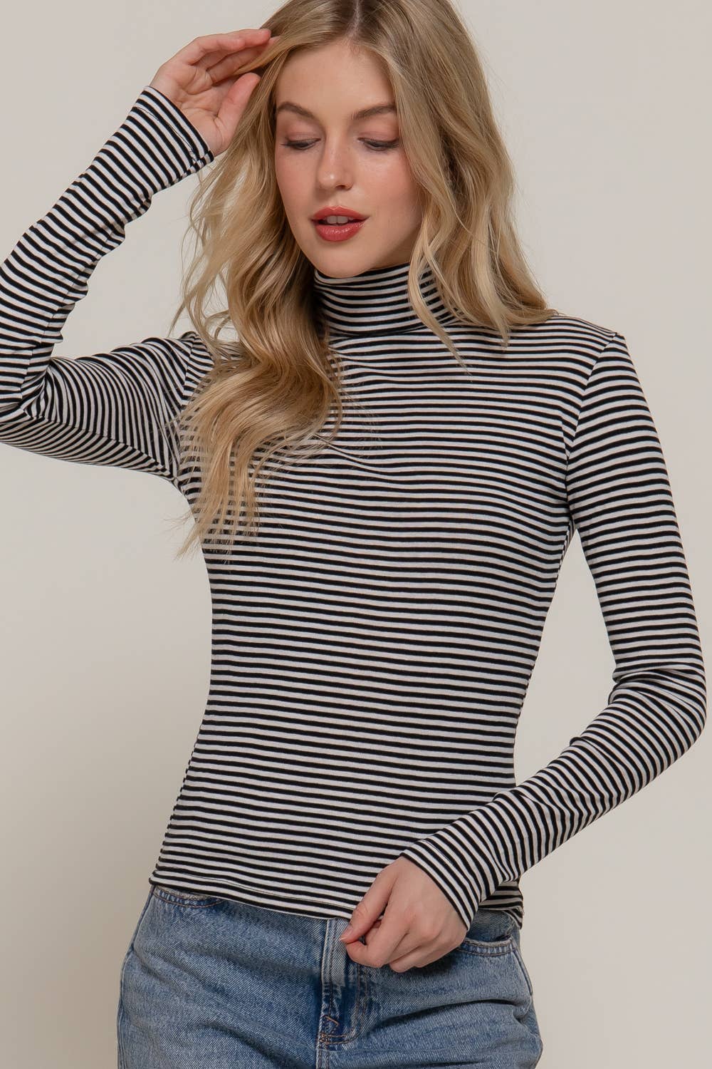 Long Sleeve Turtle Neck Y/D Stripe Top