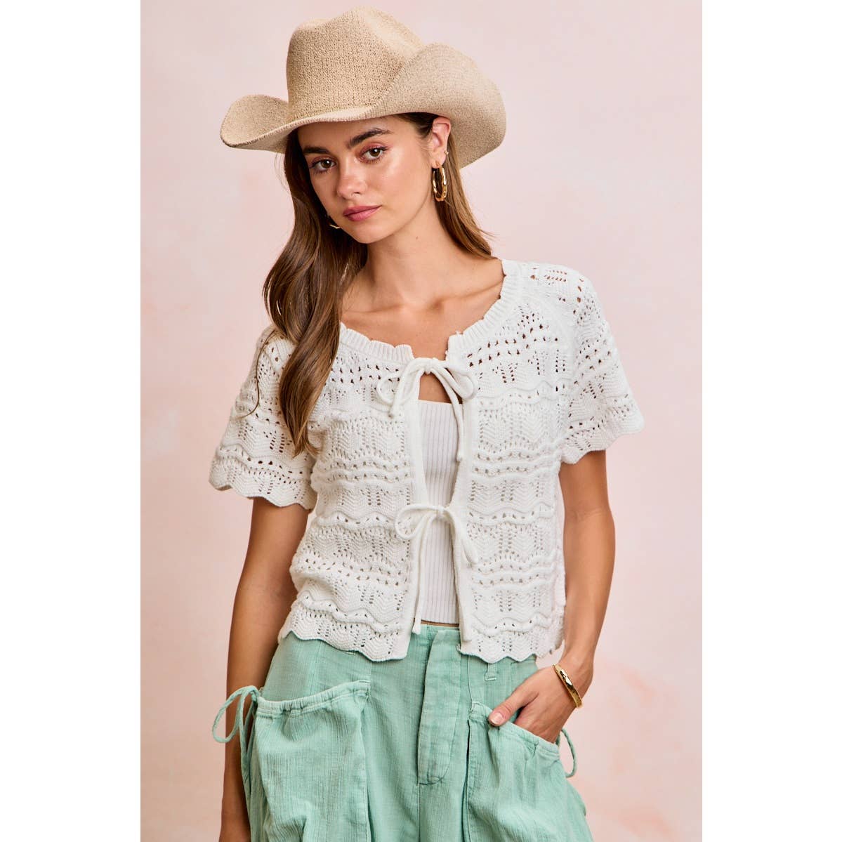 FRONT BOW TIE DETAIL POINTELLE KNIT TOP