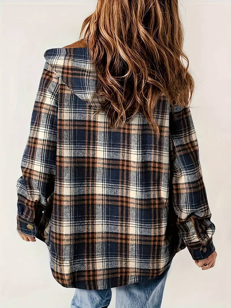 Western buttons hoodie plaid fleece lined shacket coat