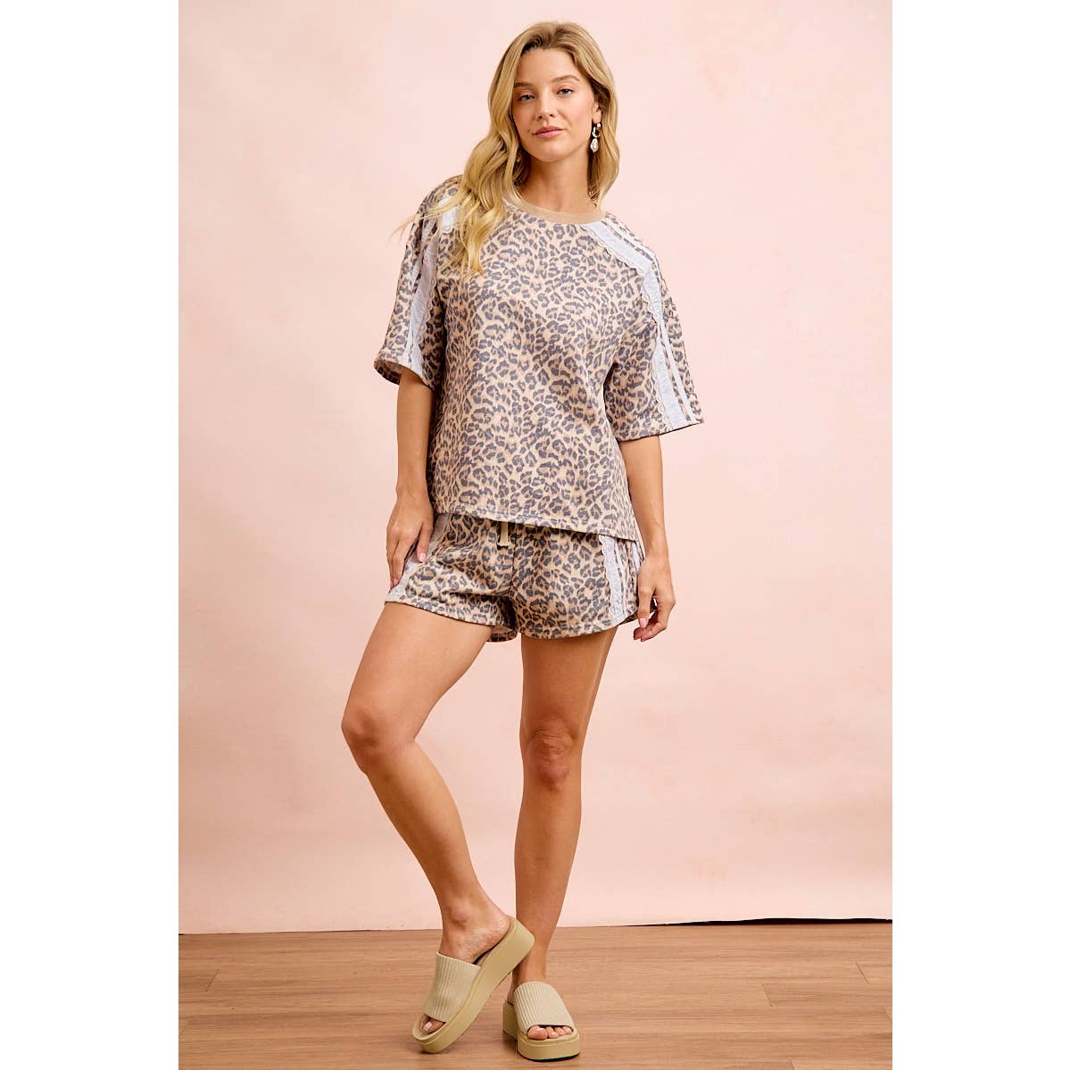LEOPARD TERRY SIDE DRAWSTRING SHORTS