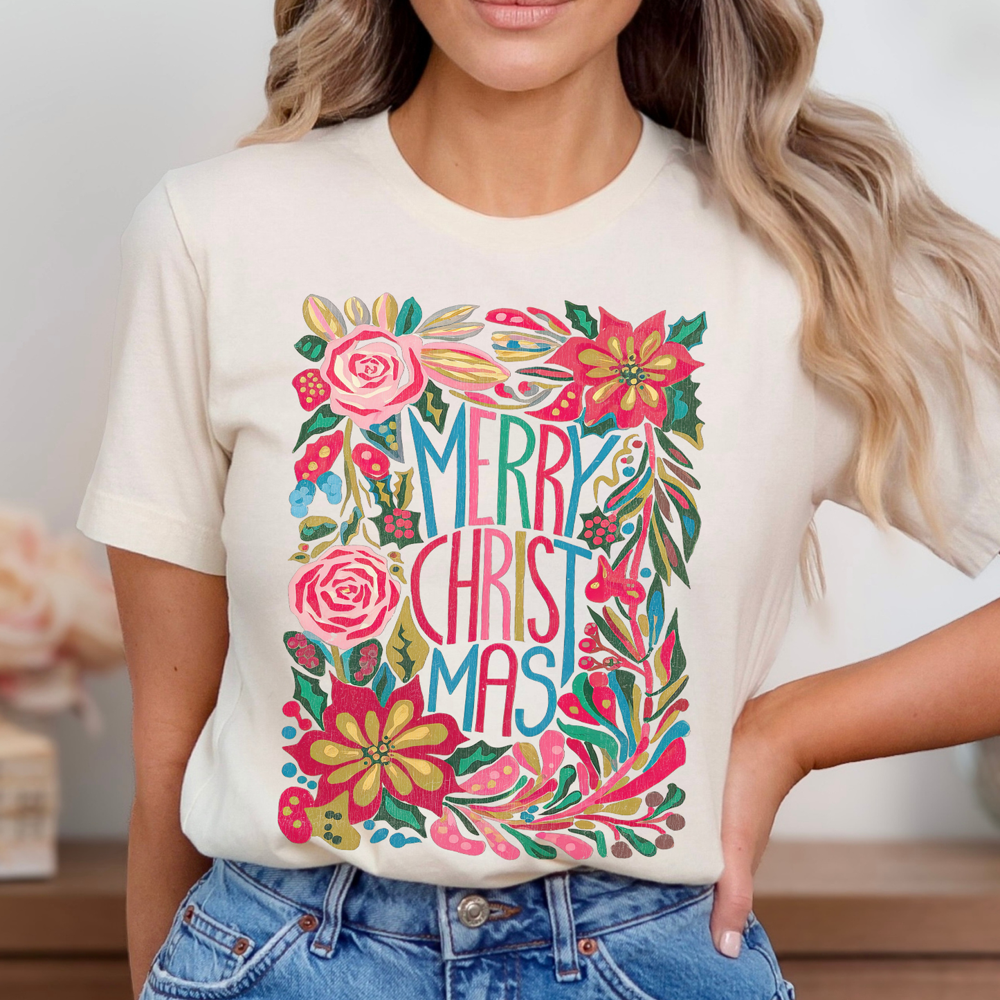 Merry Christmas Boho floral Christmas graphic t-shirt