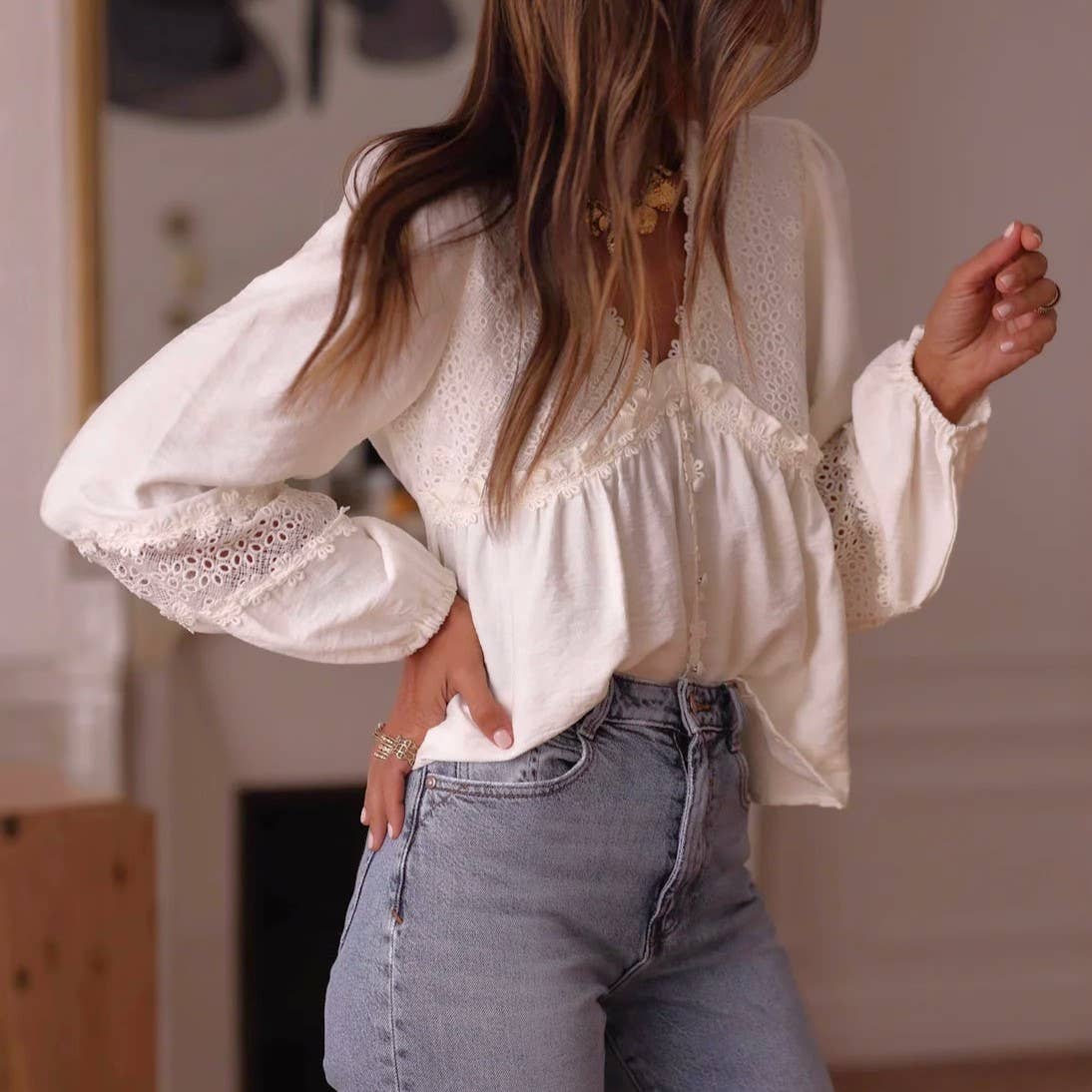 Boho Chic Eyelet Lace Floral Details V Neck Blouse