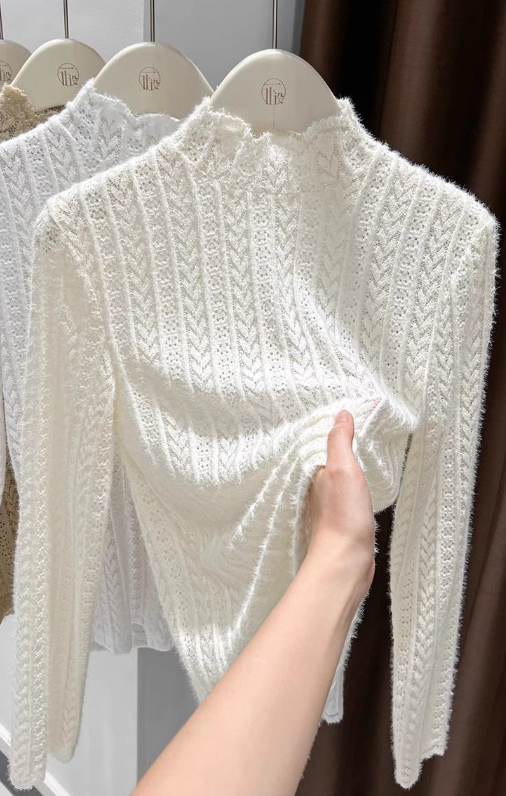 Soft knit Fluffy Texture Lace High neck Layering Top