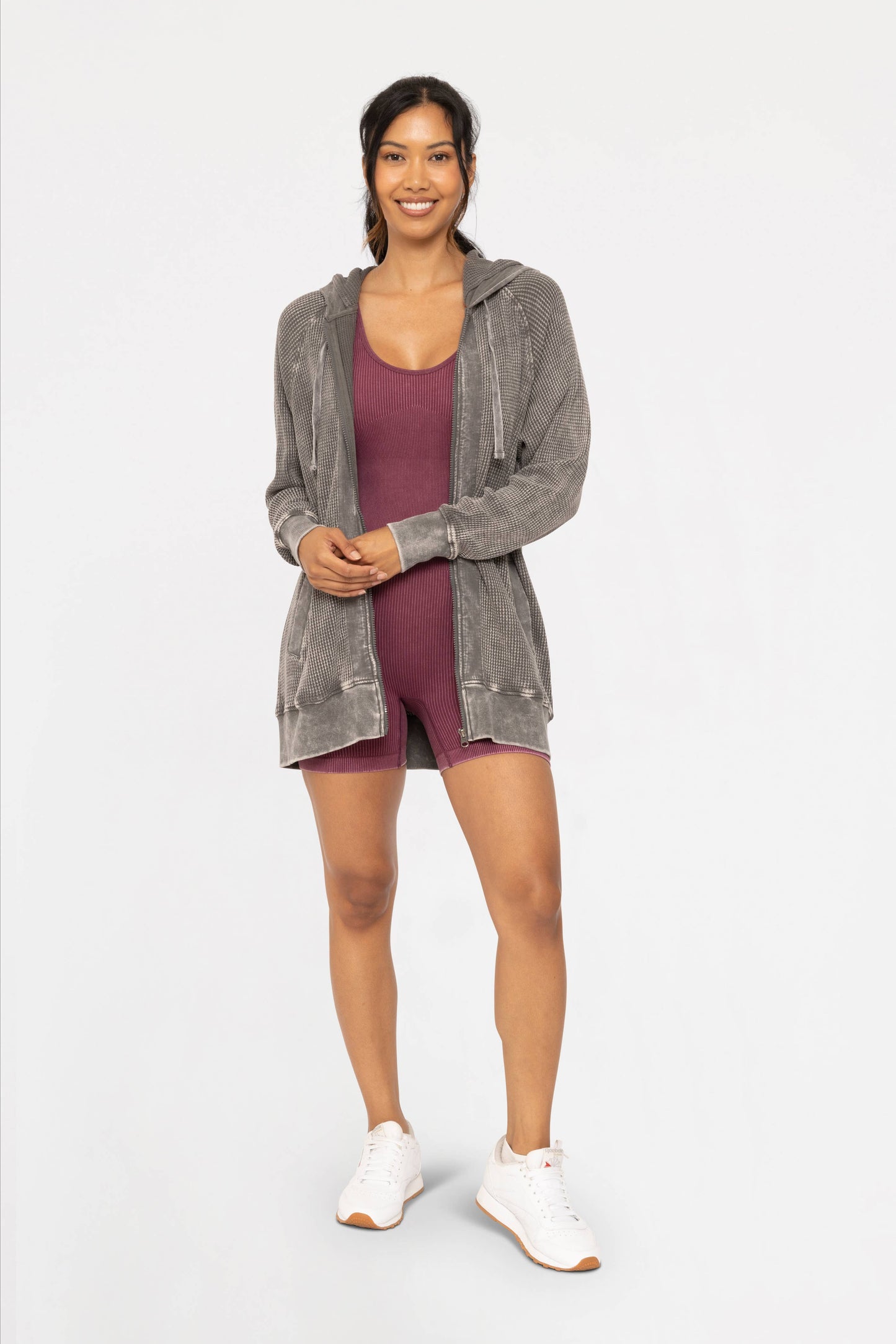 Oversized Mineral-Washed Zip-Up Hooded Jacket: URBAN CHIC