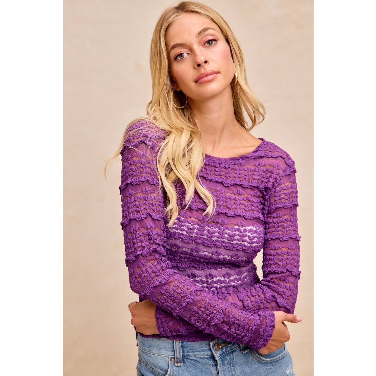 RUFFLES DETAIL MARDI GRAS COLOR FLOWER LACE TOP