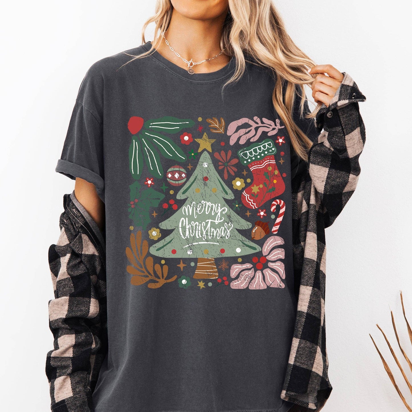 Merry Christmas, Green Floral, Flowers, Xmas Tshirt