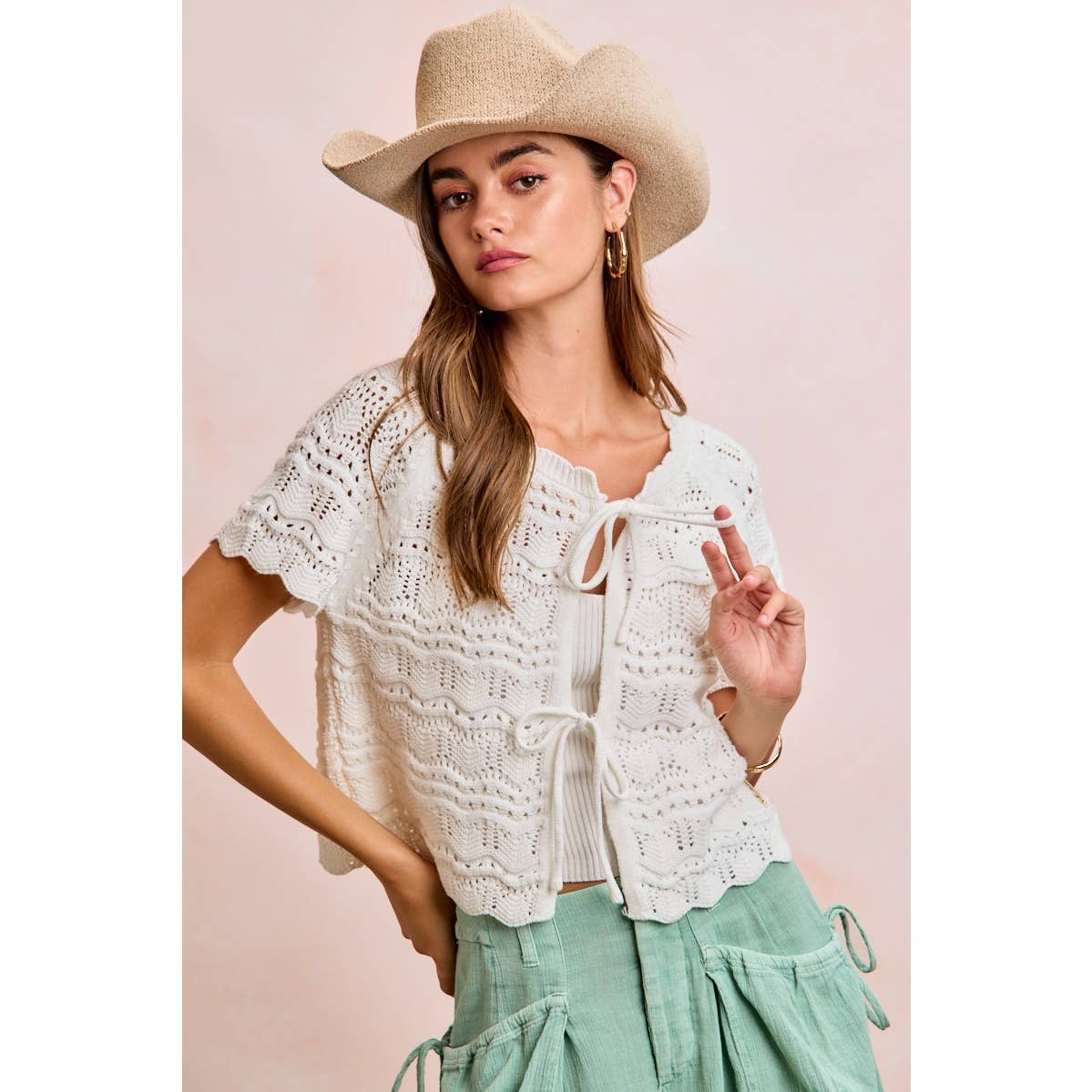 FRONT BOW TIE DETAIL POINTELLE KNIT TOP