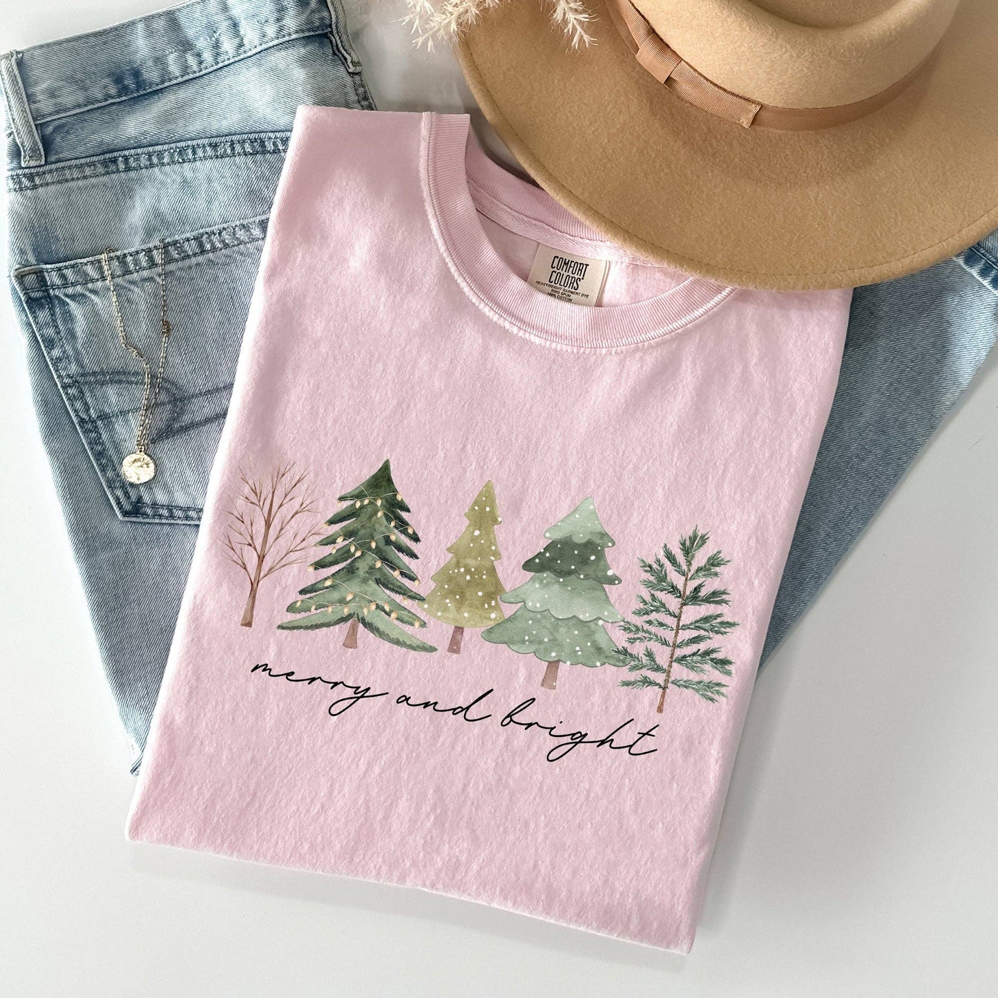 Merry and Bright, Christmas Trees, Minimalist Xmas Tshirt