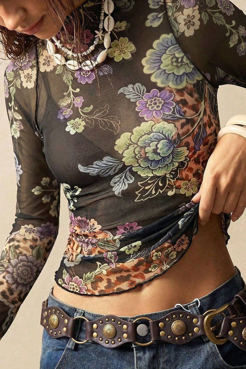 Sheer Floral Mock Neck Long Sleeve Blouse