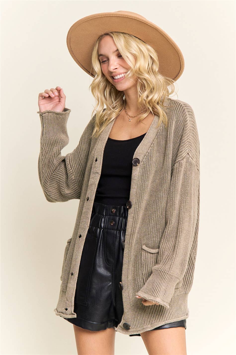 LESW3868-RIBBED BUTTON UP SWEATER CARDIGAN