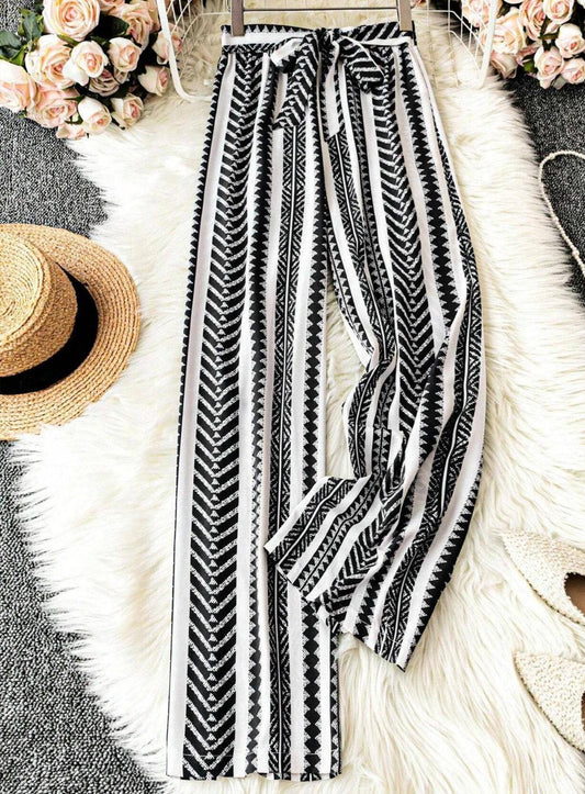 Tie Waist Boho Ethnic Geo Striped Wide Leg Pants