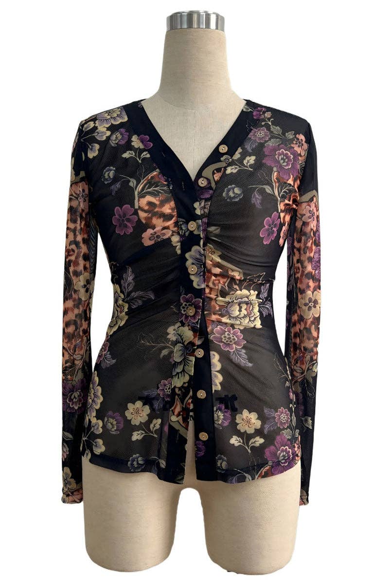 Sheer Floral Ruched Button Front Blouse