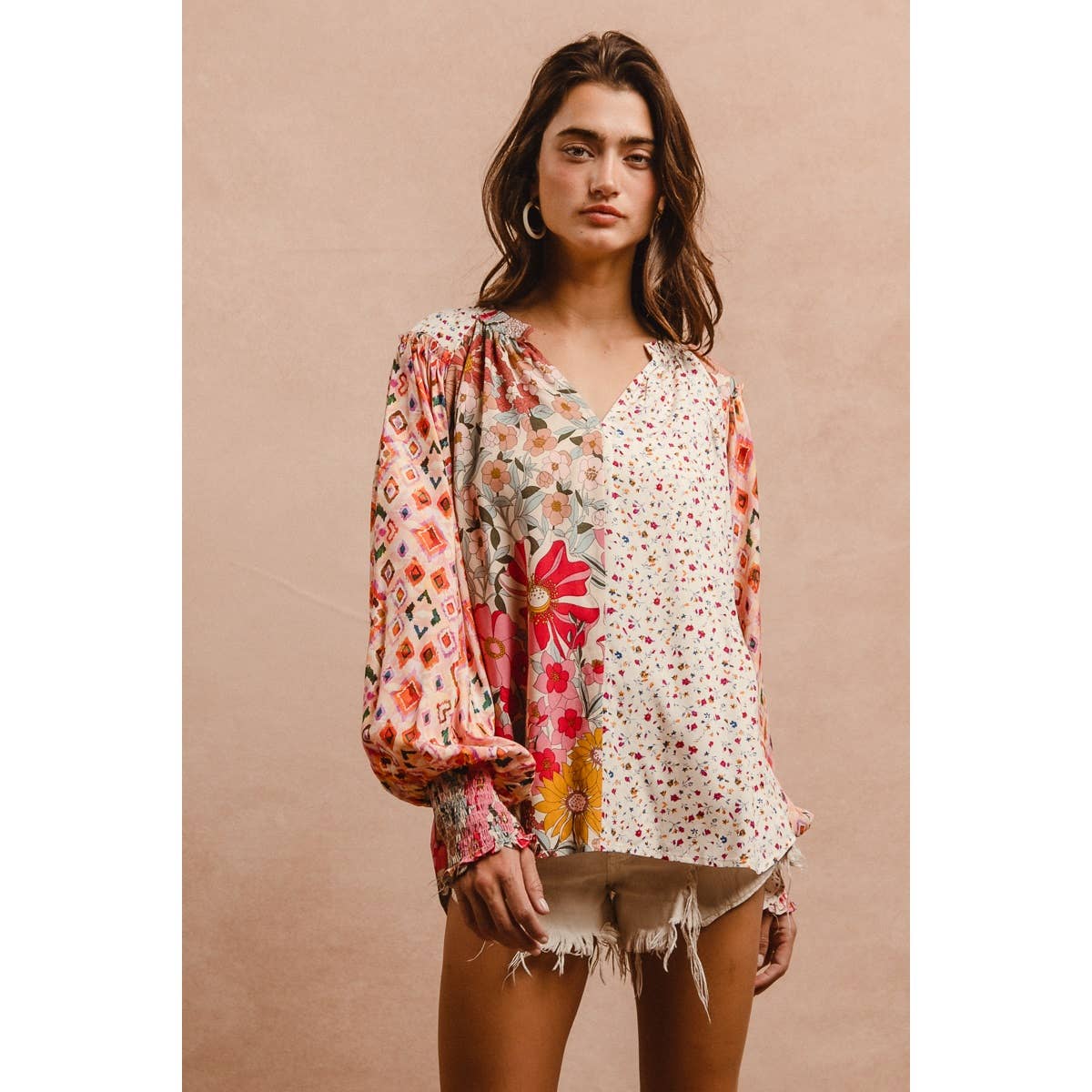 FLORAL PRINT MIX AND MATCH LONG SLEEVE PEASANT TOP