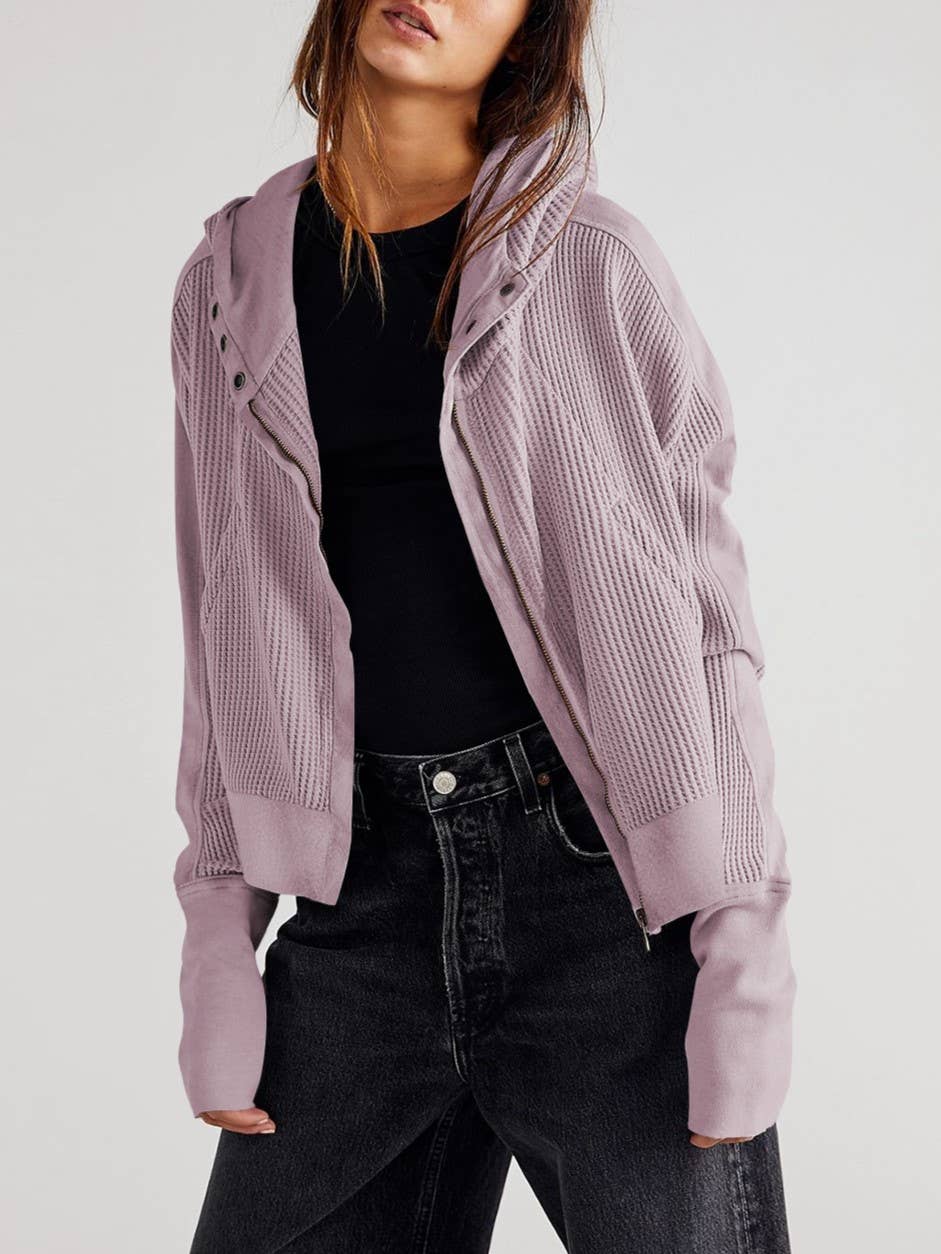 Half button zip up waffle crop hoodie sweatshirt jacket