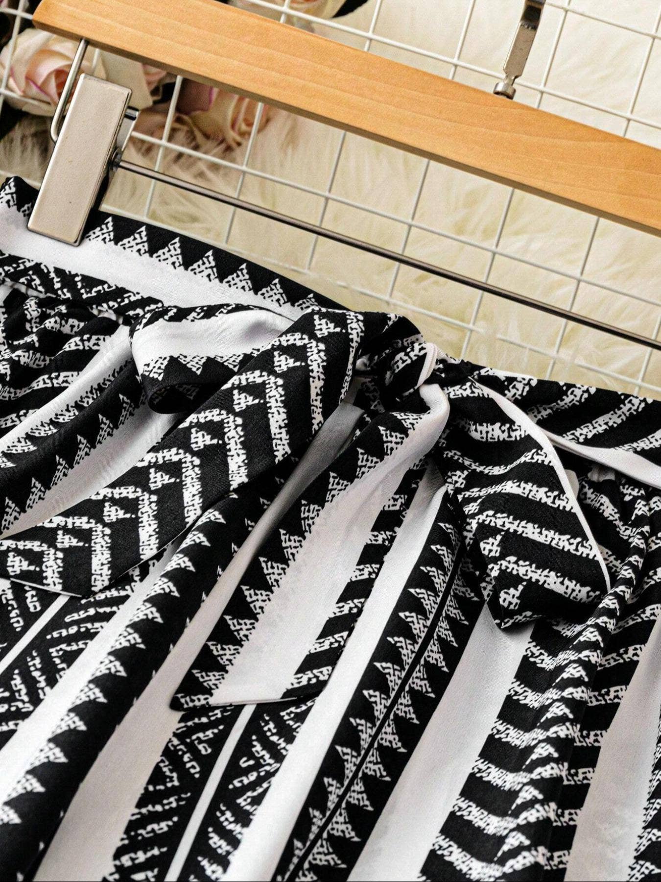 Tie Waist Boho Ethnic Geo Striped Wide Leg Pants