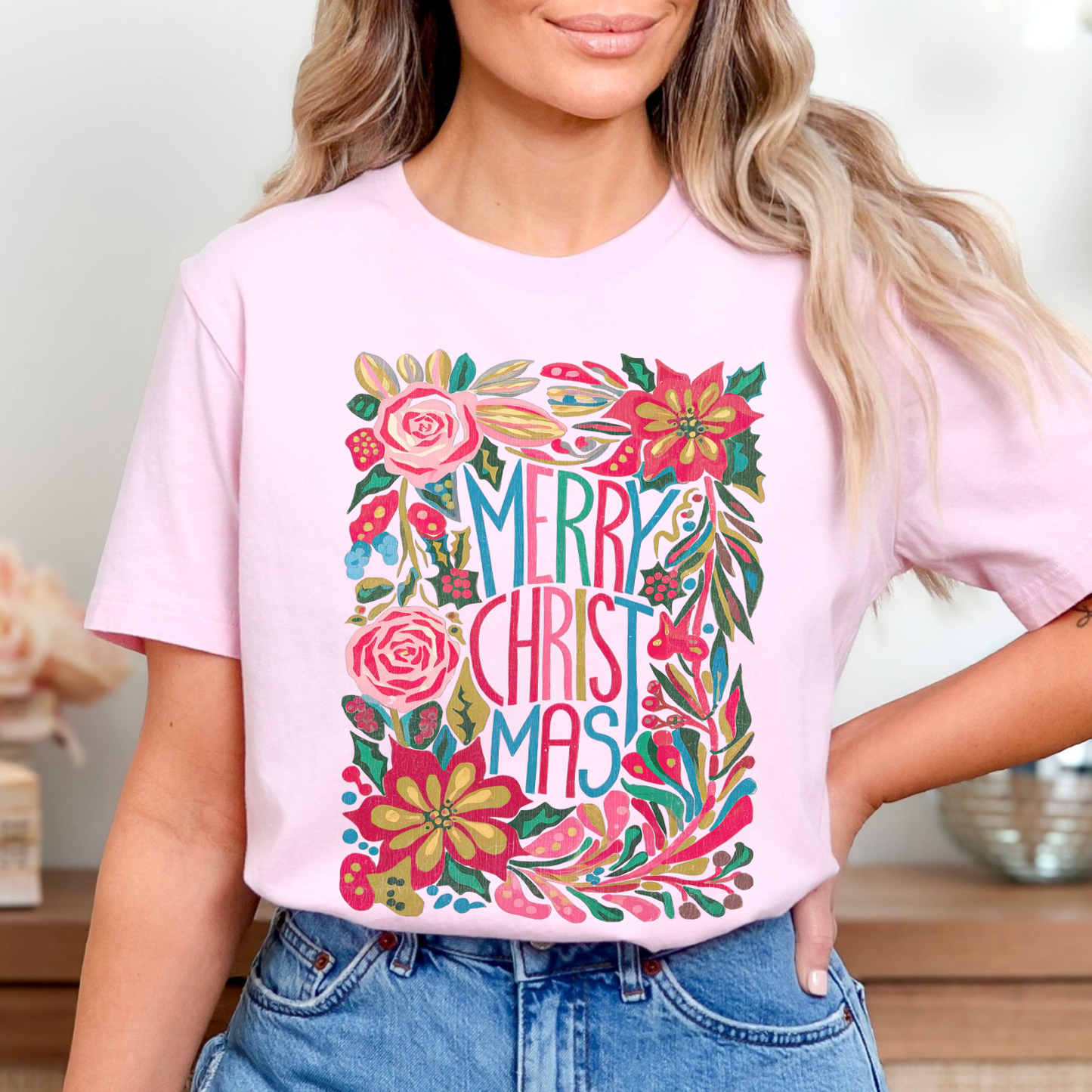 Merry Christmas Boho floral Christmas graphic t-shirt