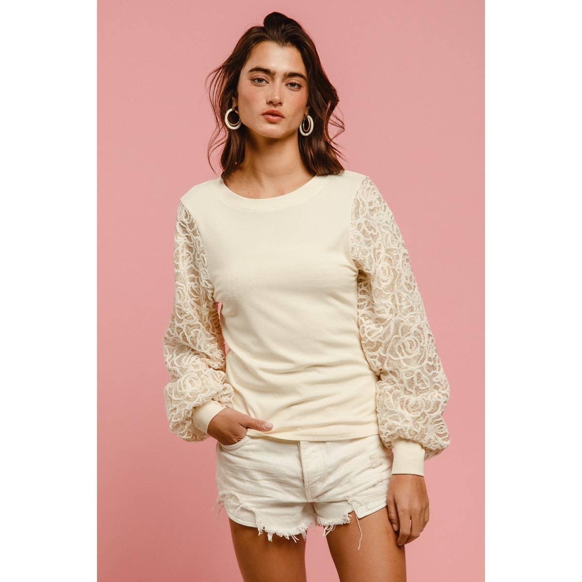 CHENILLE AND SEQUIN EMBELLISHED FLORAL KNIT TOP