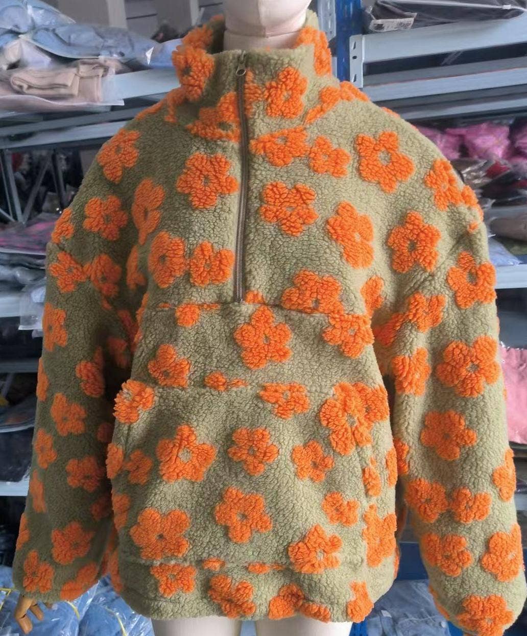 Oversized winter half-zip floral sherpa fleece sweatshirt
