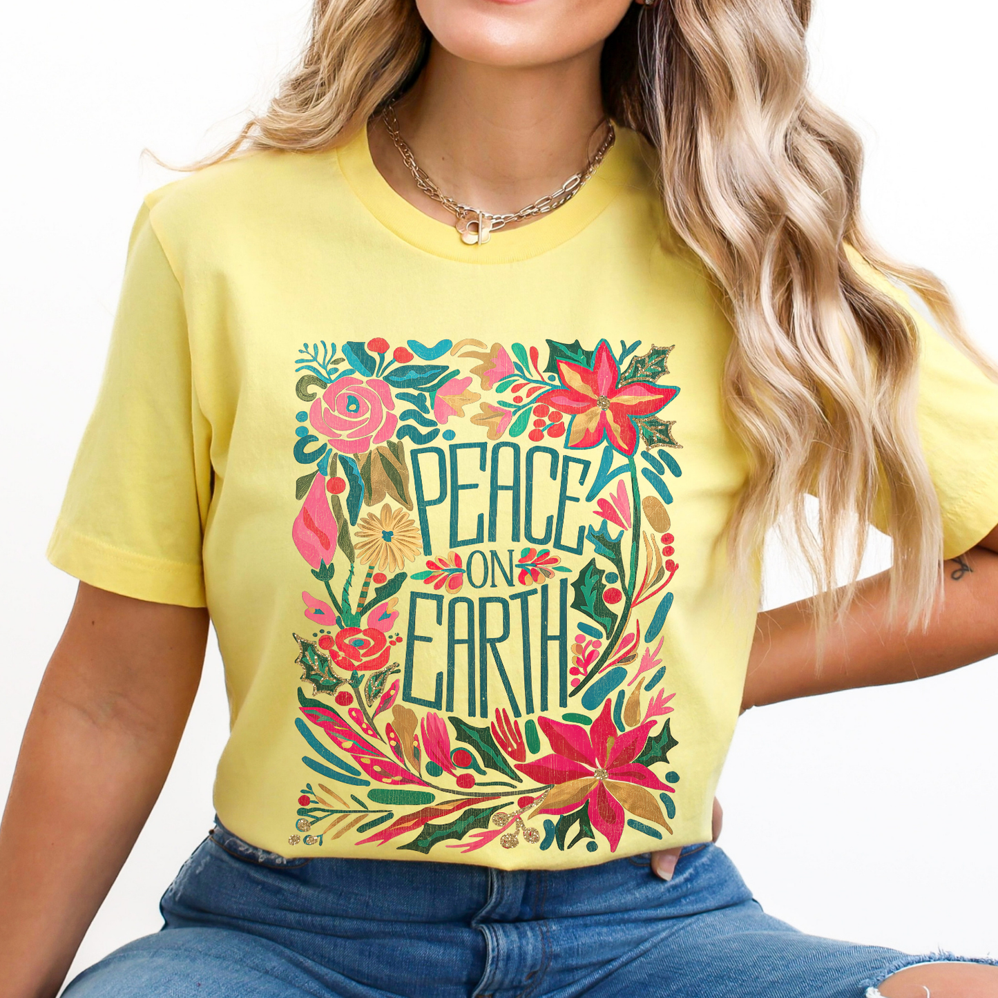 Peace on Earth floral Christmas graphic t-shirt, Holiday top