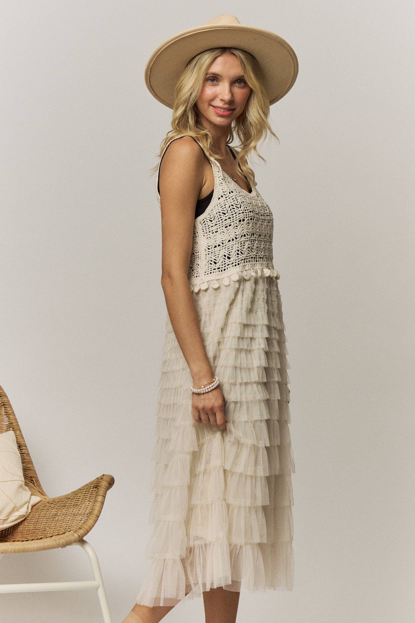 CROCHET TIERED TULLE DRESS
