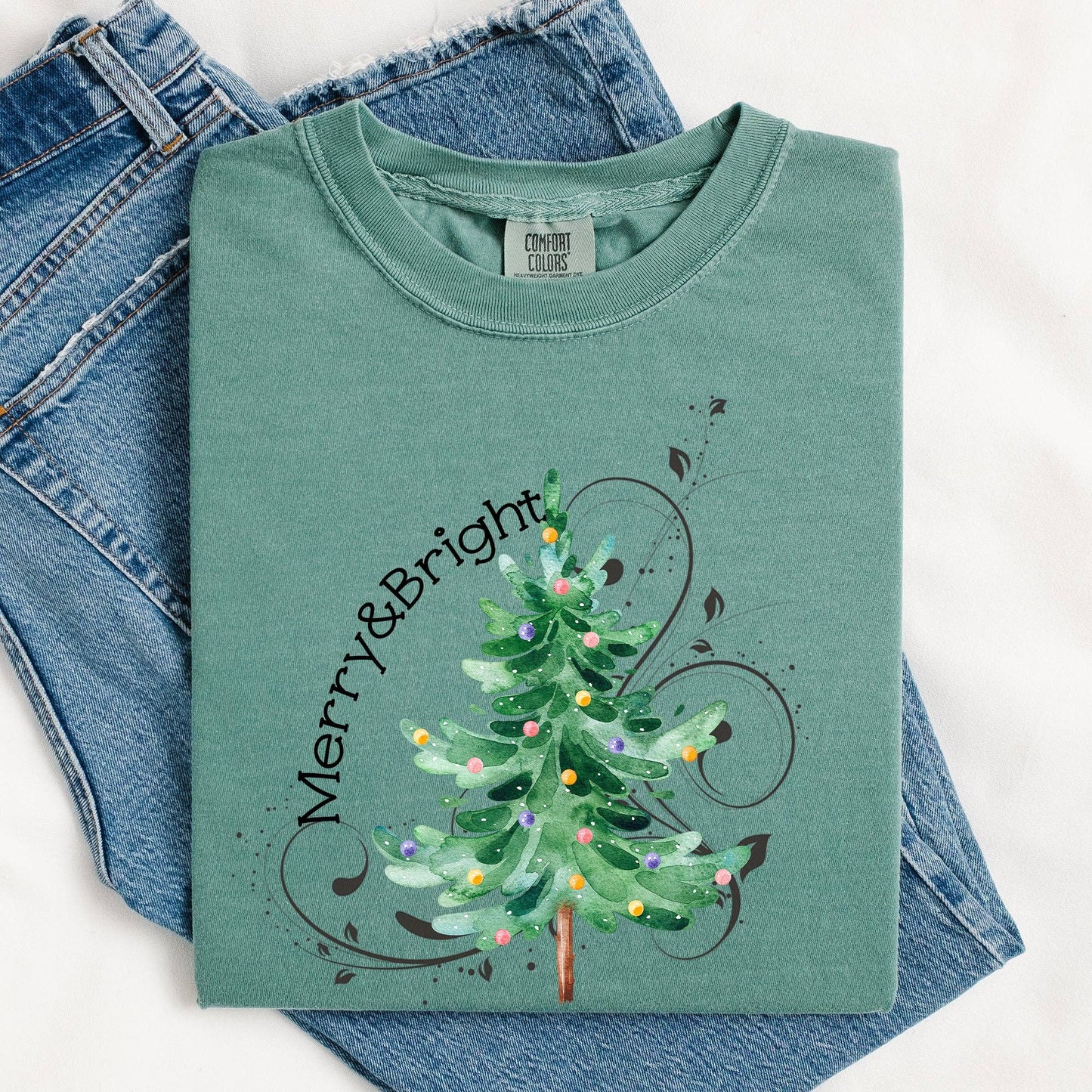 Merry and Bright, Colorful Christmas Tree, Swirls Tshirt