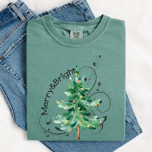 Merry and Bright, Colorful Christmas Tree, Swirls Tshirt