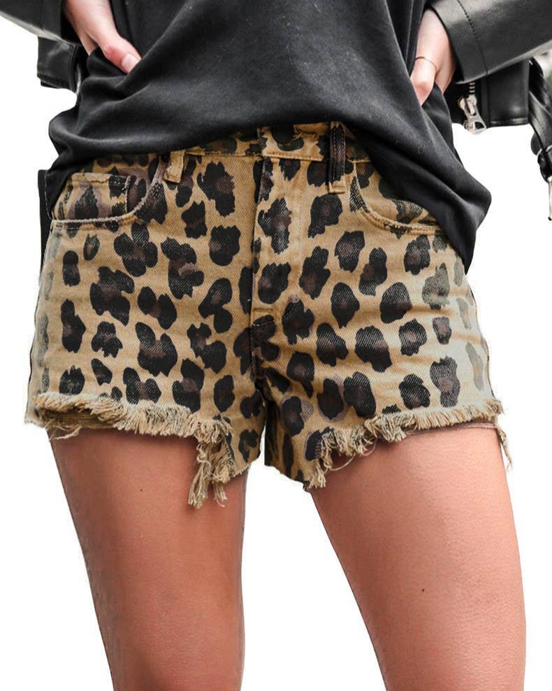 Trendy Leopard Print Frayed Hem Denim Shorts