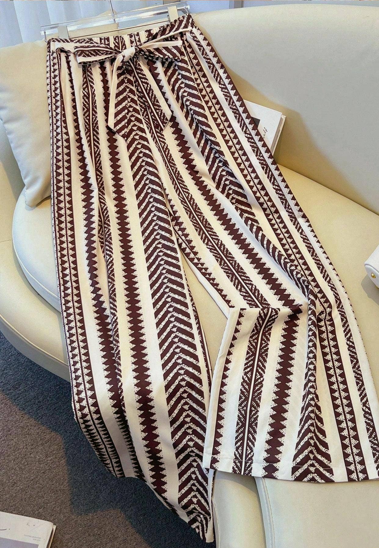 Tie Waist Boho Ethnic Geo Striped Wide Leg Pants