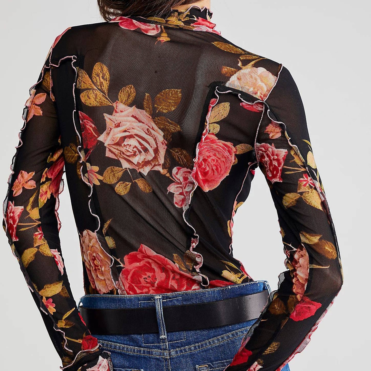Slim-Fit Sheer Botanical Floral Print Turtleneck Top