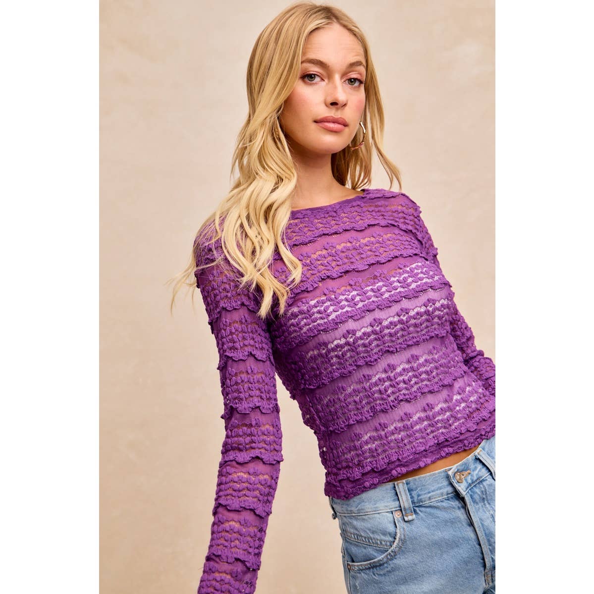 RUFFLES DETAIL MARDI GRAS COLOR FLOWER LACE TOP