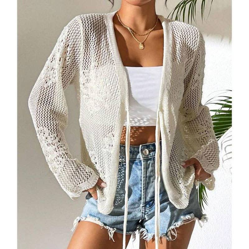 Floral Pattern Lace-Up Crochet Knit Beach Cover Top