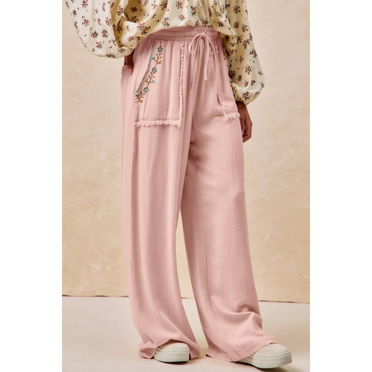 FLORAL EMBROIDERED SOLID PANTS WITH WAIST ELASTIC
