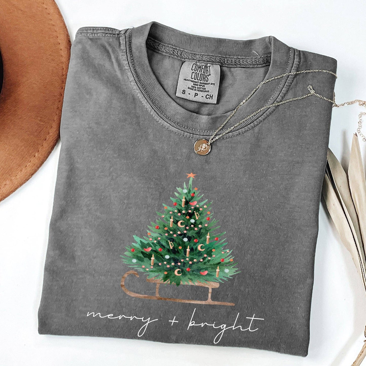 Merry and Bright, Sleigh, Christmas Tree, Snow, Xmas Tshirt