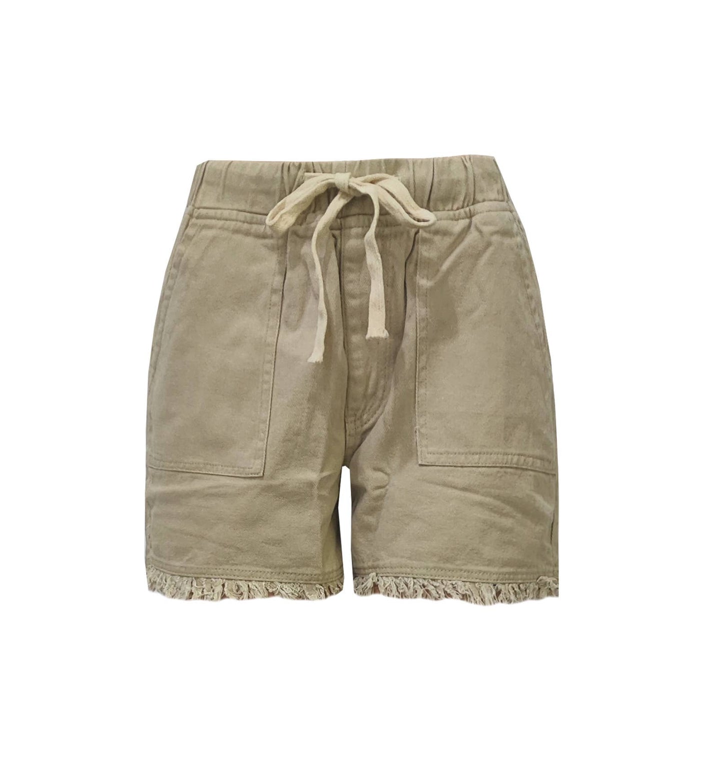 Elastic Waist Drawstring Frayed Hem Denim Shorts