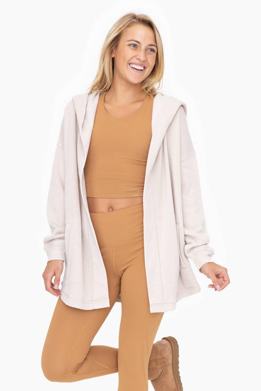 Mineral Washed Fleece Hooded Cardigan: TAN