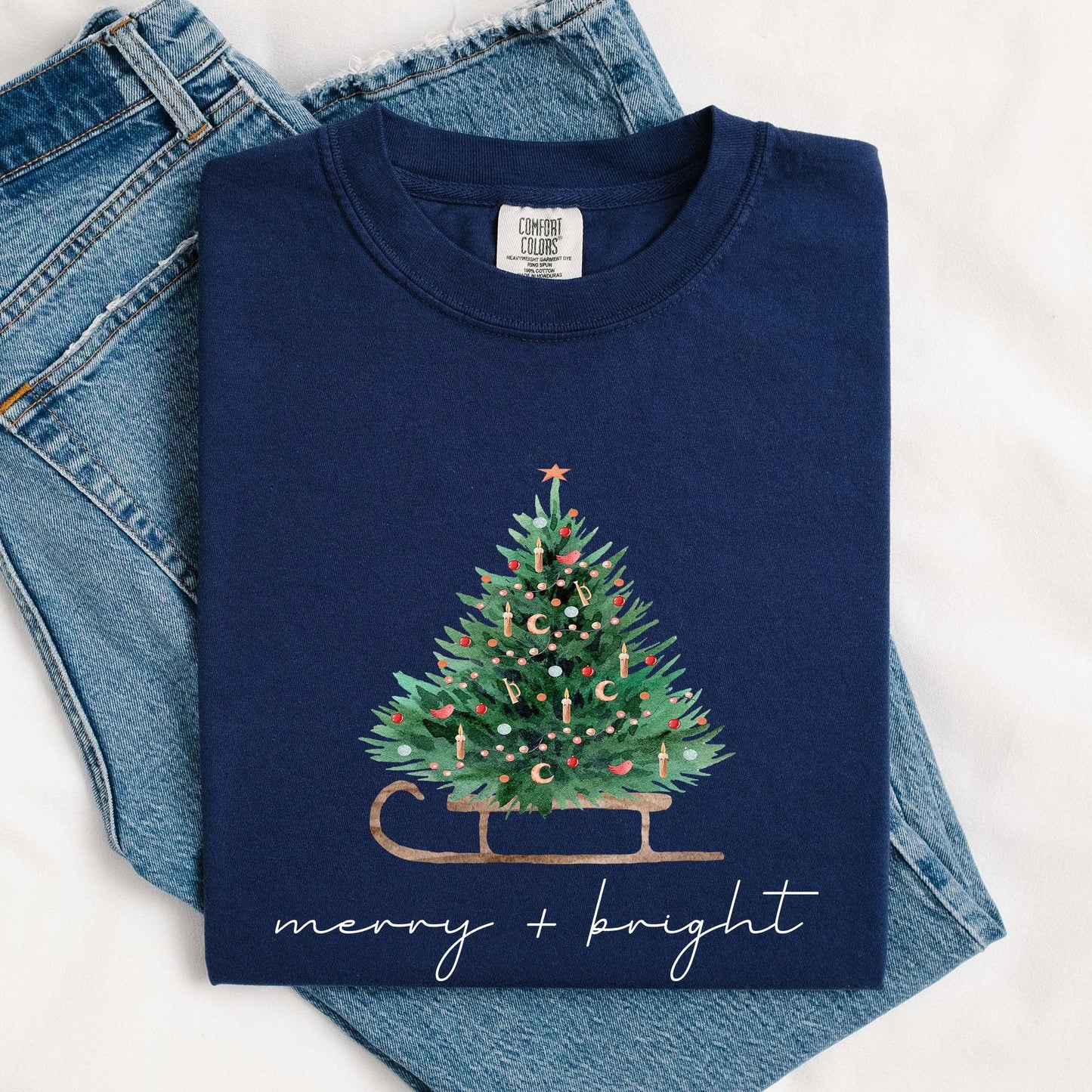 Merry and Bright, Sleigh, Christmas Tree, Snow, Xmas Tshirt