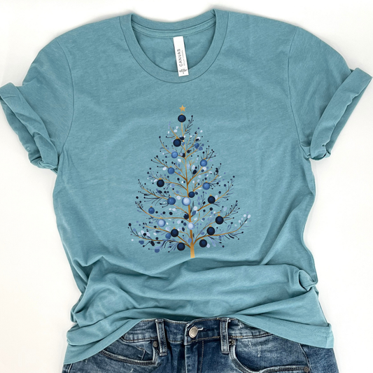 Blue whimsical Christmas tree women's graphic t-shirt