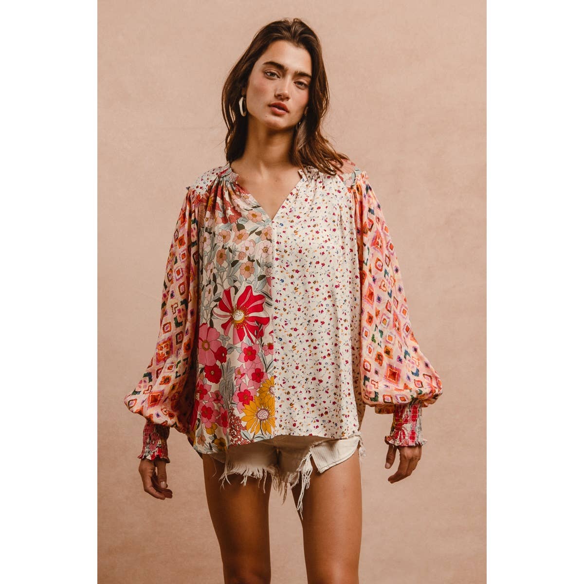 FLORAL PRINT MIX AND MATCH LONG SLEEVE PEASANT TOP