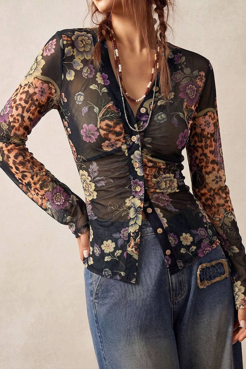 Sheer Floral Ruched Button Front Blouse