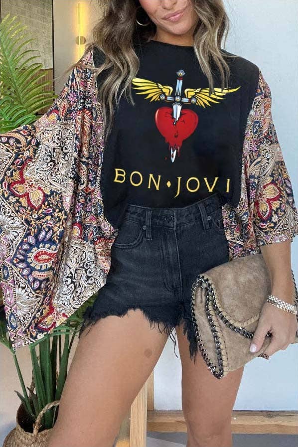 Country Music Vintage Graphic Tee with Long Kimono Sleeve