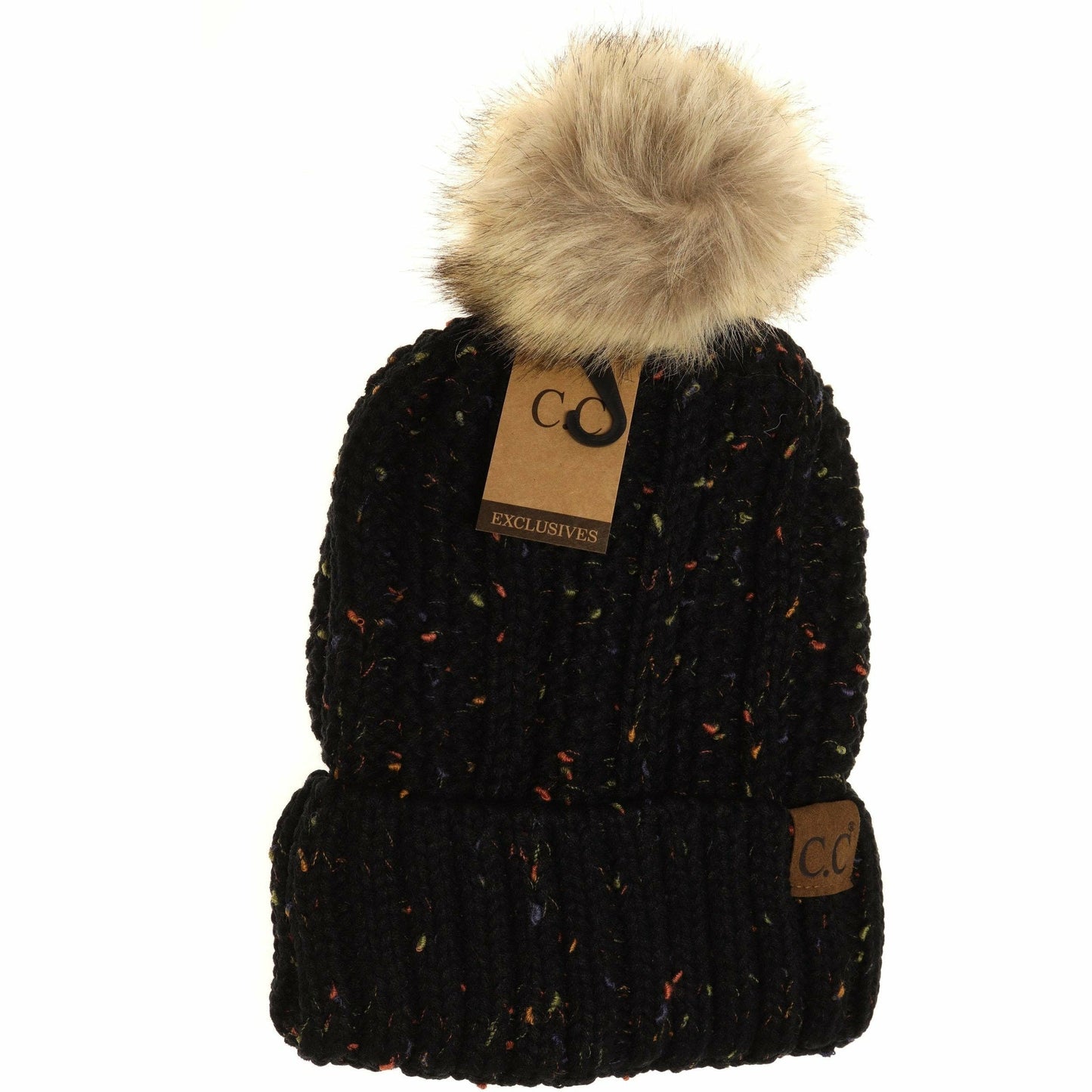 Fuzzy Lined Flecked Fur Pom CC Beanie YJ820CONFETTI