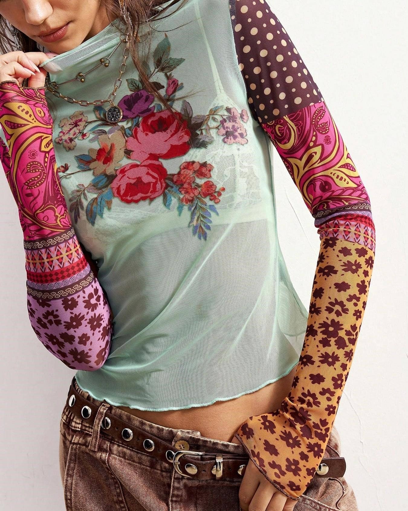 Bohemian Colorblock Floral Print Mesh Blouse