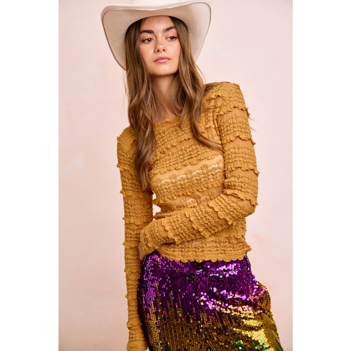 RUFFLES DETAIL MARDI GRAS COLOR FLOWER LACE TOP