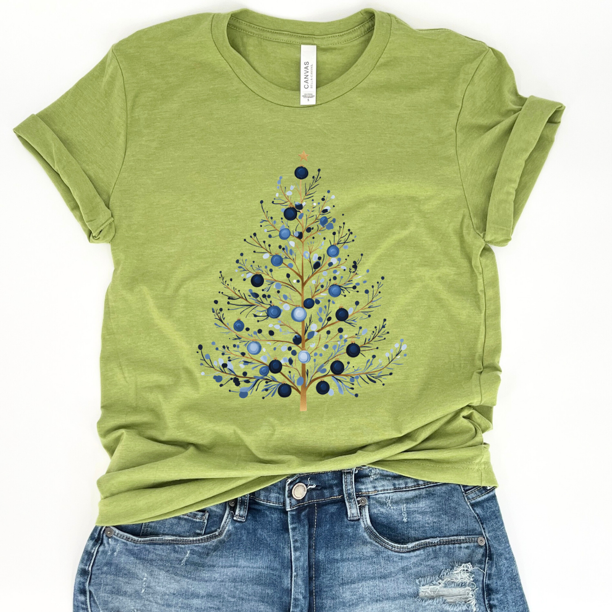 Blue whimsical Christmas tree women's graphic t-shirt