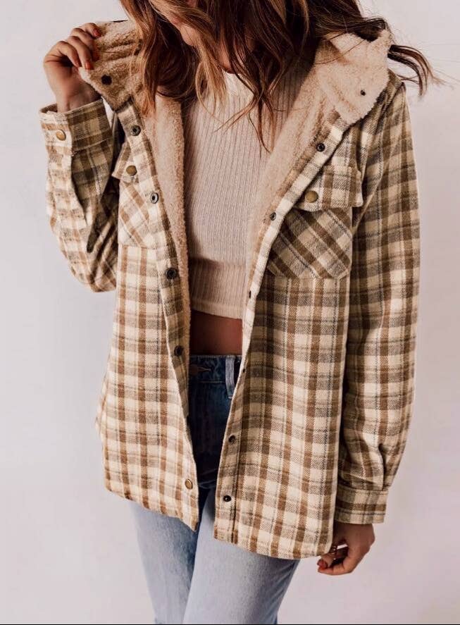 Western buttons hoodie plaid fleece lined shacket coat