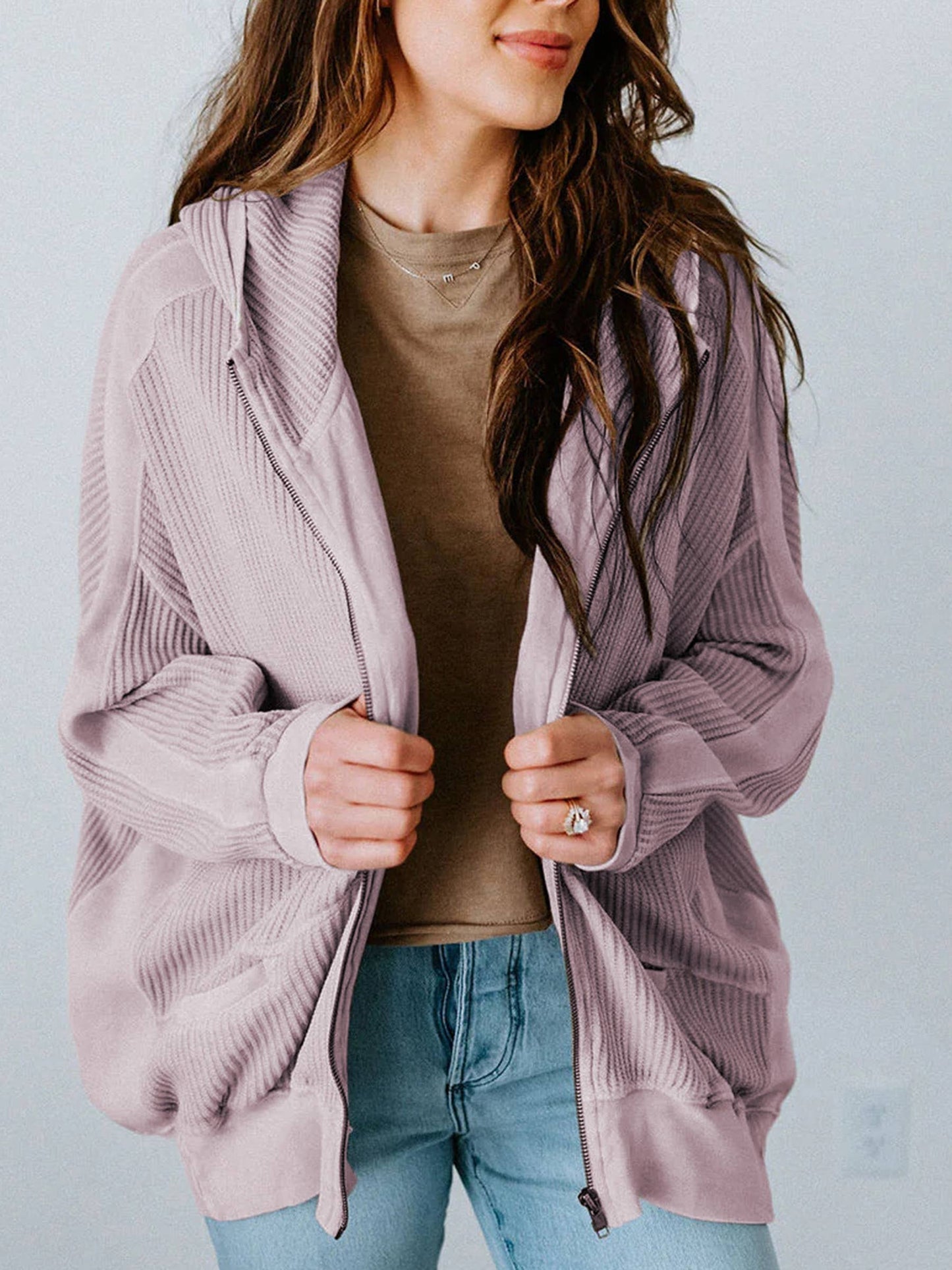 Women's Casual Waffle cardigan zipper Hooded Sweater