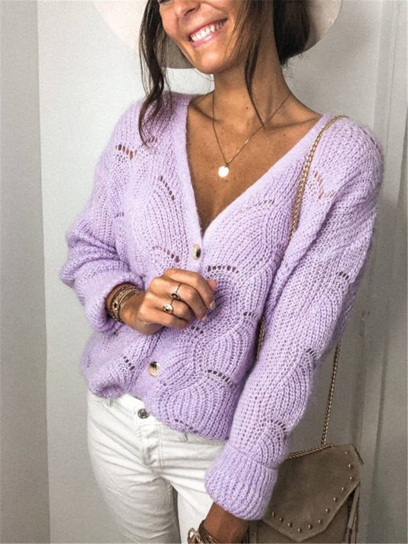 V-Neck Hollow Knit Cardigan Sweater