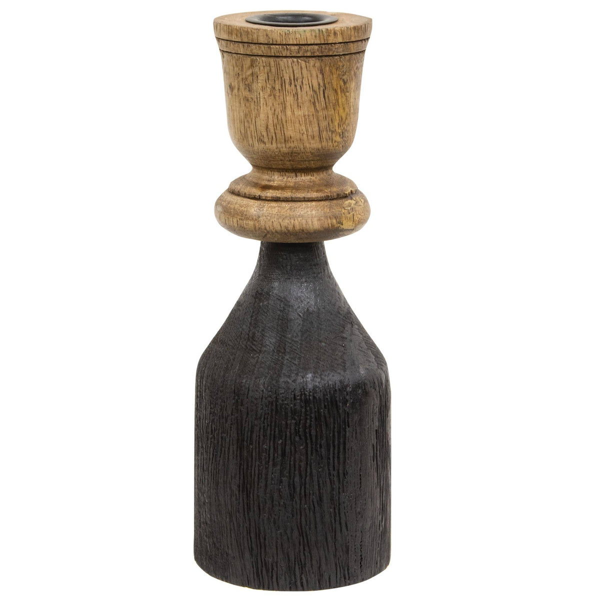 Black & Natural Wood Taper Candle Holder, 8.25"