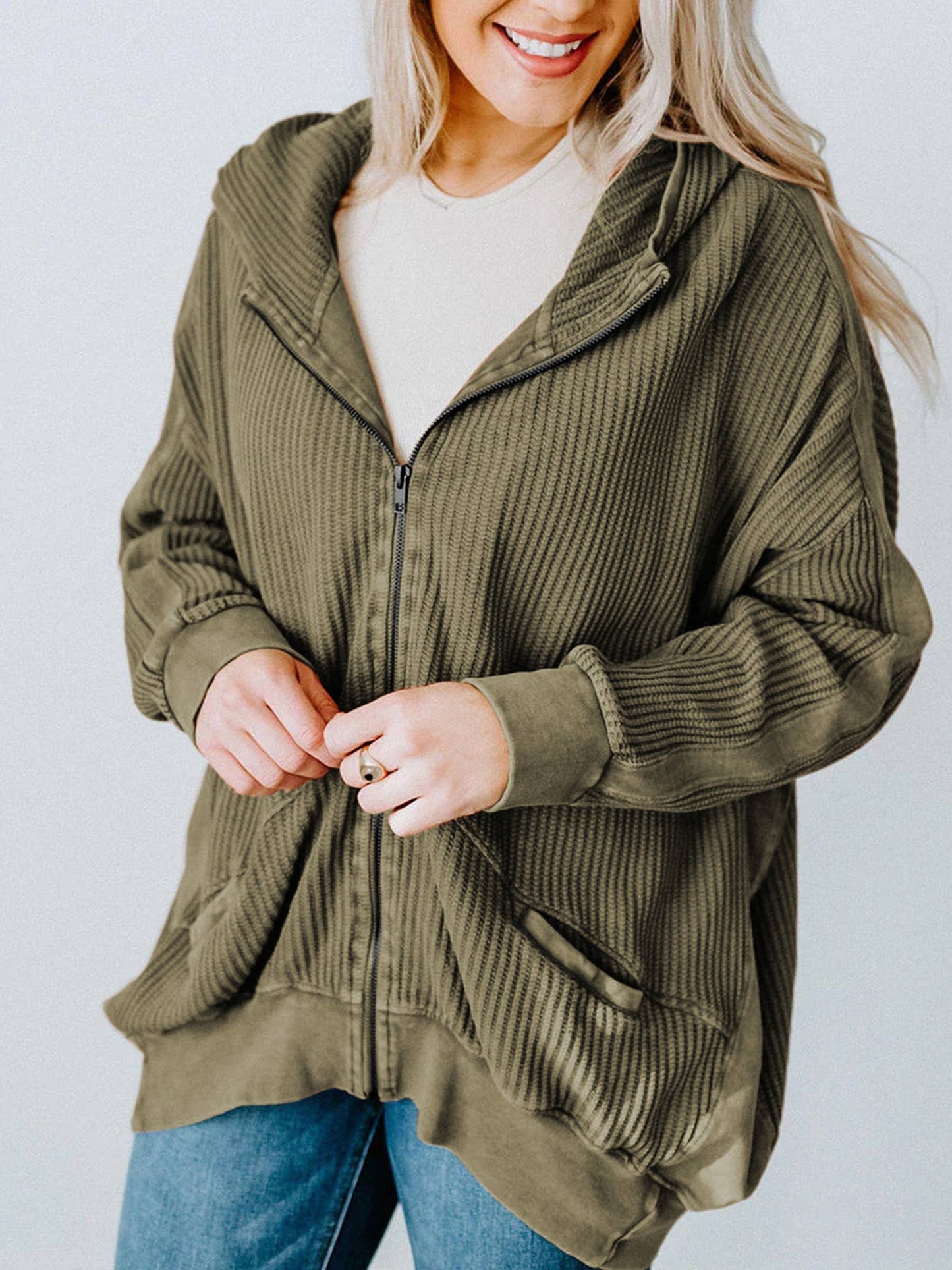 Women's Casual Waffle cardigan zipper Hooded Sweater